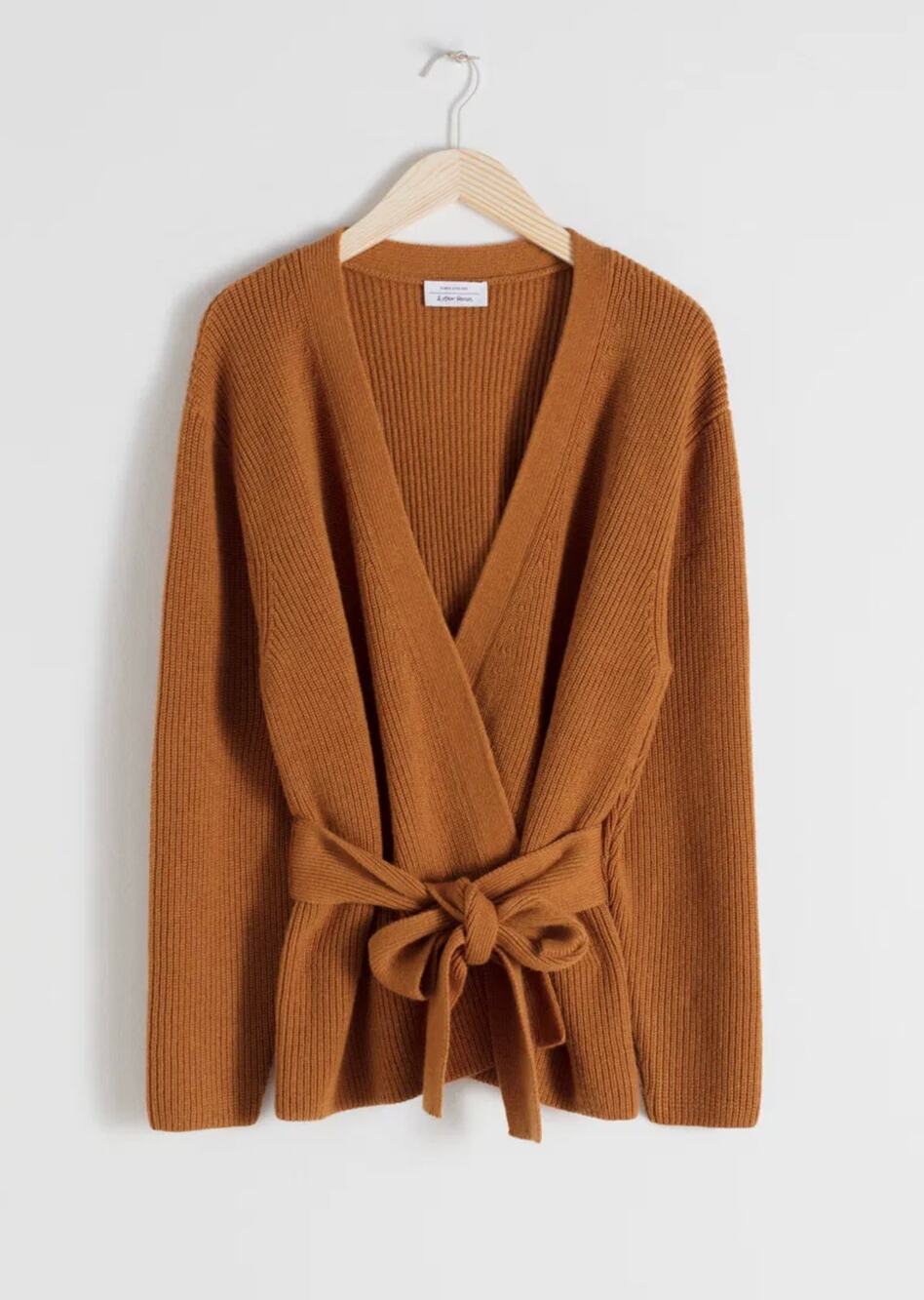 & Other Stories M Rust Brown Open Front Wool Blend Wrap Cardigan Waist Tie